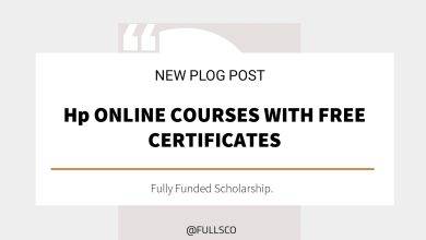 A white graphic with text announces NEW PLOG POST: Explore Hp online courses with free certificates. Fully Funded Scholarship. The username @FULLSCO appears at the bottom.