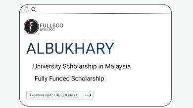 A website display showing the Albukhary University Scholarship 2023-24 in Malaysia, fully funded, with a logo and a button labeled For more visit: FULLSCO.INFO.