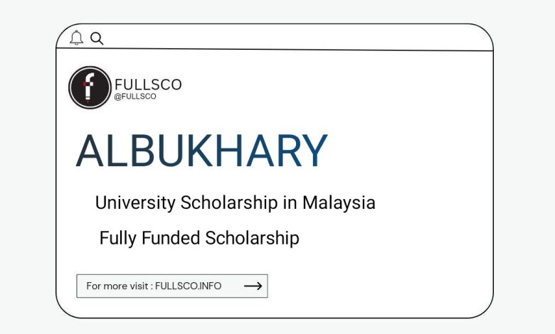 A website display showing the Albukhary University Scholarship 2023-24 in Malaysia, fully funded, with a logo and a button labeled For more visit: FULLSCO.INFO.
