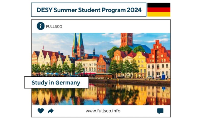 Colorful historic buildings and church towers reflect in a river under a blue sky, promoting the DESY Summer Student Program 2024 in Germany. Visit www.fullsco.info for details.