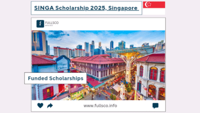 A colorful cityscape of Singapore with traditional shophouses and skyscrapers promotes the Fully Funded SINGA Scholarship 2025. Text reads Funded Scholarships and includes a website link: www.fullsco.info.