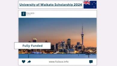 A promotional graphic for the University of Waikato Scholarship 2024, featuring the New Zealand flag, text Fully Funded, and a photo of Auckland’s skyline at sunset. Also explore the Nanyang International Scholarship 2024 in Singapore at www.fullsco.info.