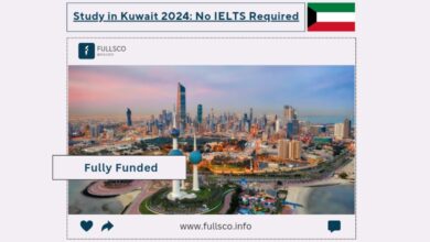 A promotional image for Study in Kuwait 2024, highlighting No IELTS Required and Fully Funded, features the cityscape, Kuwait Towers, and flag. Visit www.fullsco.info to learn more about studying in Kuwait with no IELTS needed.