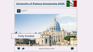 Banner for the University of Padova Scholarship 2024 in Italy, featuring the Italian flag, Fully Funded label, and a grand historic building with a dome. No IELTS required! Visit www.fullsco.info for details.