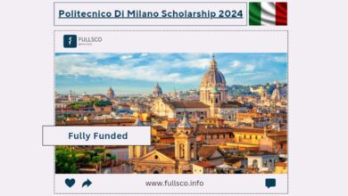 Banner for Politecnico Di Milano Scholarships 2024 featuring the Italian flag, a Fully Funded label, and a Milan cityscape with historic domes and rooftops under a blue sky. Visit www.fullsco.info for details.