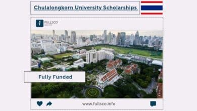 Aerial view of Chulalongkorn University campus in Bangkok, Thailand with city skyline. Text overlay reads Chulalongkorn University Scholarships 2024, Fully Funded, and shows the Thai flag and website www.fullsco.info.